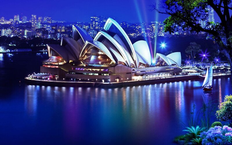 Sydney Opera House — Blue, Dramatic, Night, Photograph, City Skyline, Sailboat