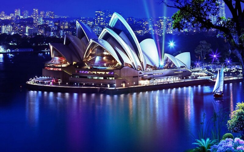 Sydney Opera House — Blue, Dramatic, Night, Photograph, City Skyline, Sailboat, Tree