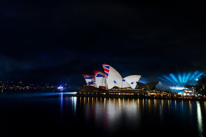 Sydney Opera House — Blue, Dramatic, Night, Photograph, Flag Projection