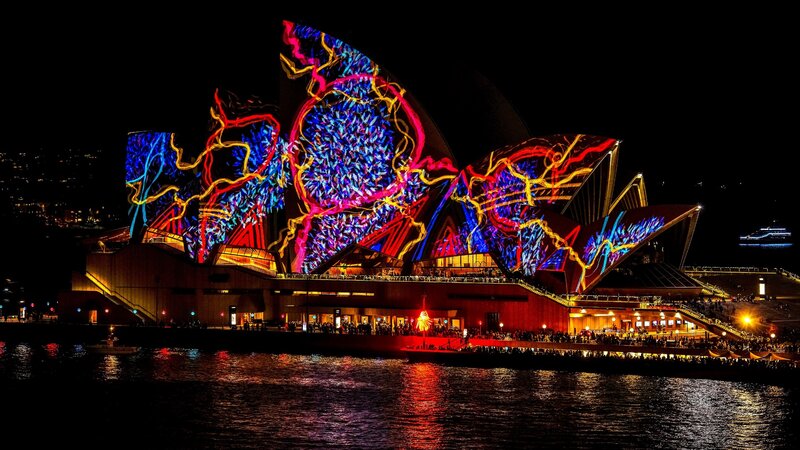 Sydney Opera House — Blue, Dramatic, Night, Photograph, Light Show