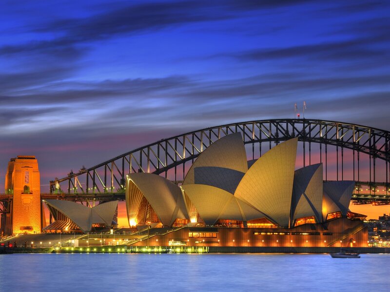 Sydney Opera House — Blue, Dramatic, Sunset, Photograph, Sydney Harbour Bridge, Water, Sky