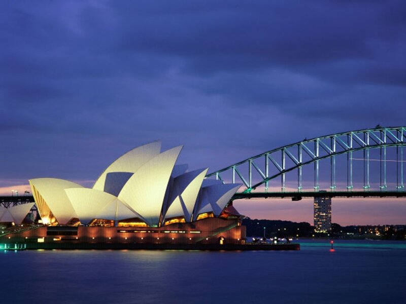 Sydney Opera House — Blue, Serene, Night, Photograph, Sydney Harbour Bridge, Water, Sky