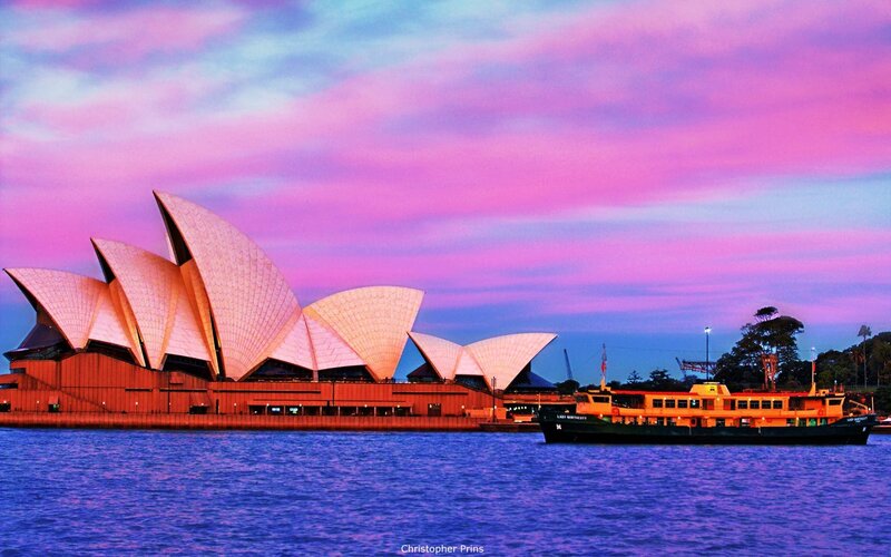 Sydney Opera House — Purple, Dramatic, Sunset, Photograph, Ferry Boat