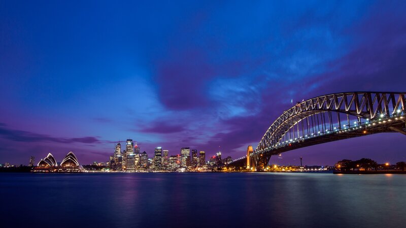 Sydney Skyline at Dusk — Blue, Serene, Night, Photograph, Opera House
