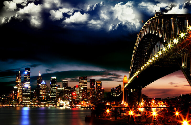 Sydney Skyline at Night — Black, Dramatic, Photograph, Bridge