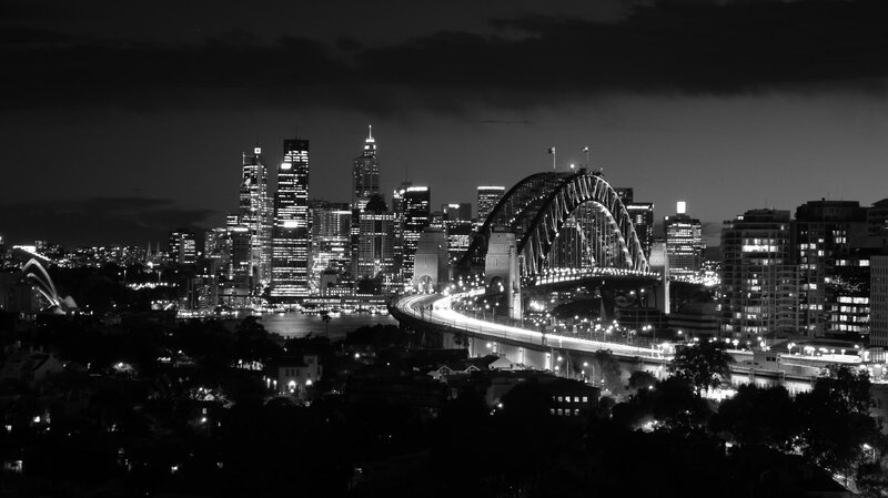 Sydney Skyline at Night — Black, Dramatic