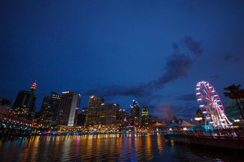 Sydney Skyline at Night — Blue, Calm, Photograph, Ferris Wheel