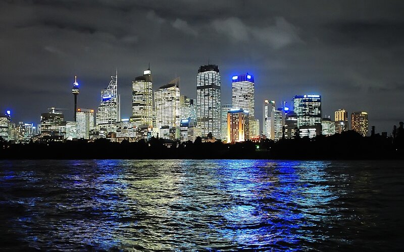 Sydney Skyline at Night — Blue, Dramatic, Photograph, Buildings, River