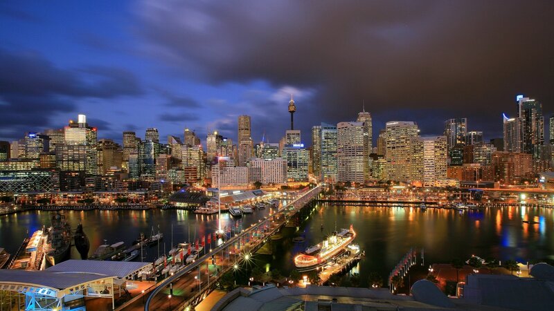 Sydney Skyline at Night — Blue, Dramatic, Photograph, Skyscraper, Harbor, Bridge