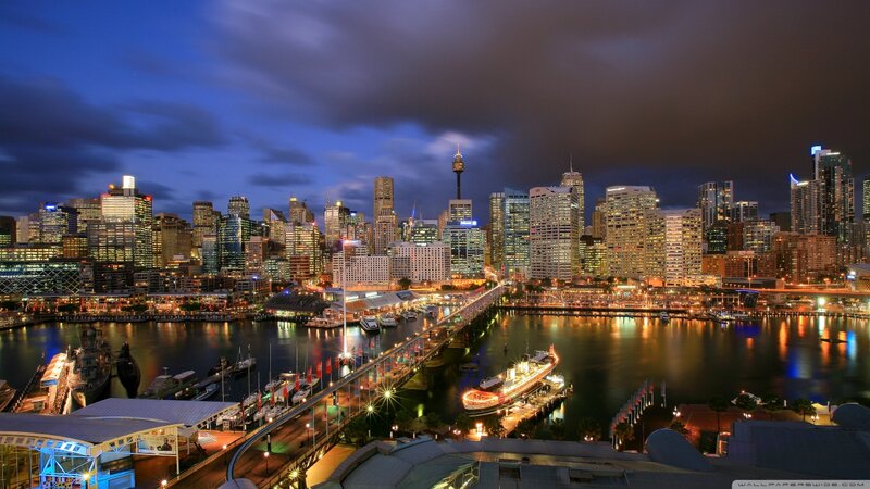 Sydney Skyline at Night — Blue, Dramatic, Photograph, Skyscraper, Harbor