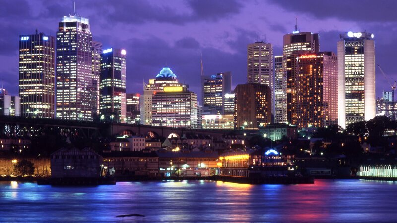 Sydney Skyline at Night — Purple, Dramatic, Photograph, Skyscraper