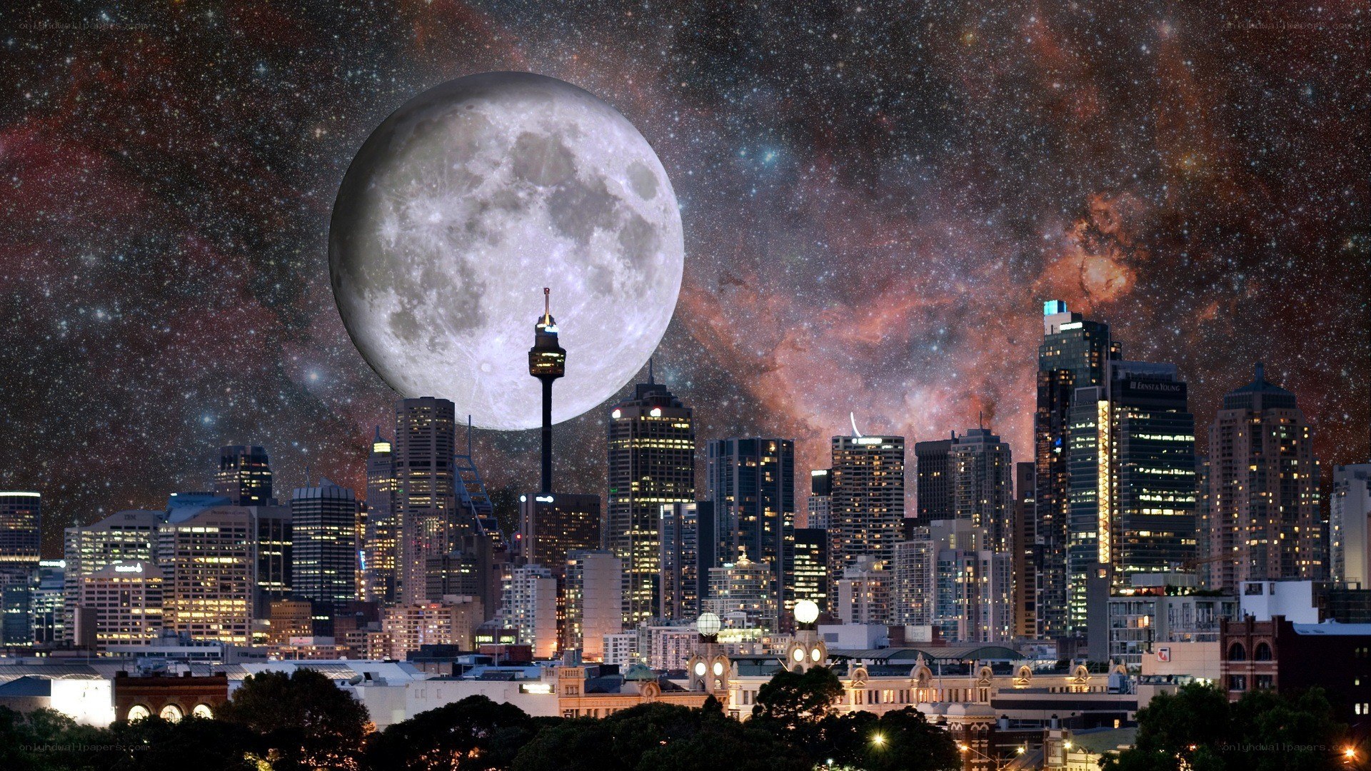 Sydney skyline with giant moon