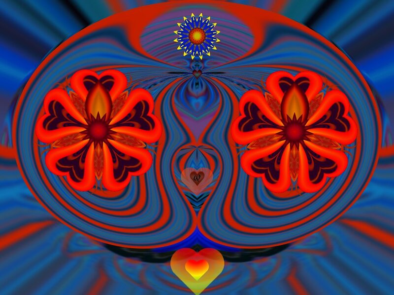 Symmetrical Fractal Design — Red, Hypnotic, Digital Art, Flowers, Heart