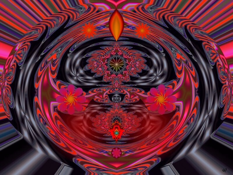 Symmetrical Fractal Design — Red, Hypnotic, Digital Art, Flowers