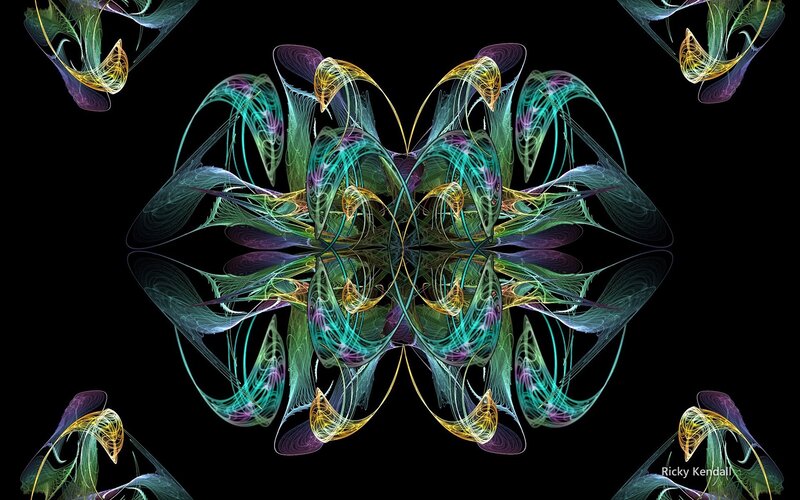 Symmetrical Fractal Design — Teal, Abstract, Digital Art, Colorful Lines