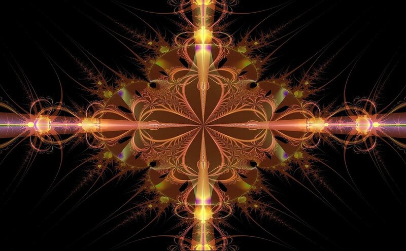 Symmetrical Fractal Pattern — Black, Dramatic, Digital Art, Light Beams