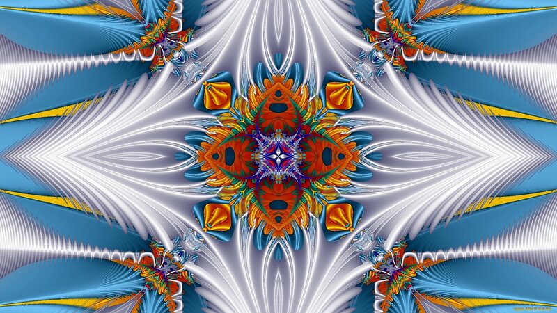 Symmetrical Fractal Pattern — Blue, Vibrant, Digital Art, Colorful