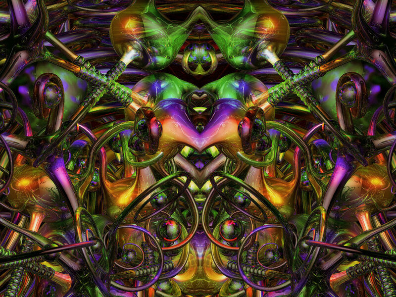 Symmetrical Fractal Pattern — Green, Hypnotic, Digital Art, Purple