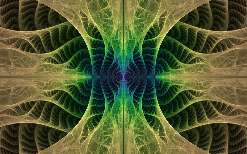 Symmetrical Fractal Pattern — Green, Hypnotic, Digital Art, Yellow