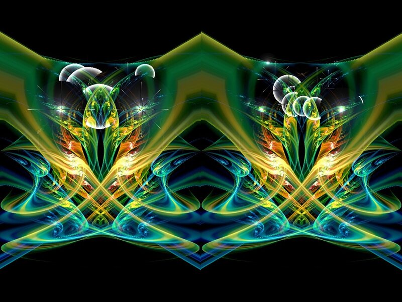 Symmetrical Fractal Pattern — Green, Vibrant, Abstract, Light Beams