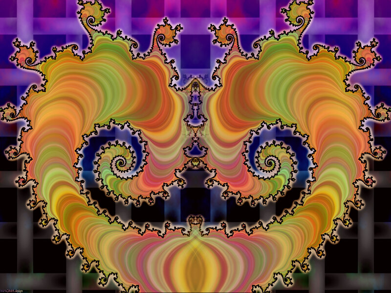 Symmetrical Fractal Pattern — Purple, Hypnotic, Digital Art, Spirals, Color Gradients, Checkered Background