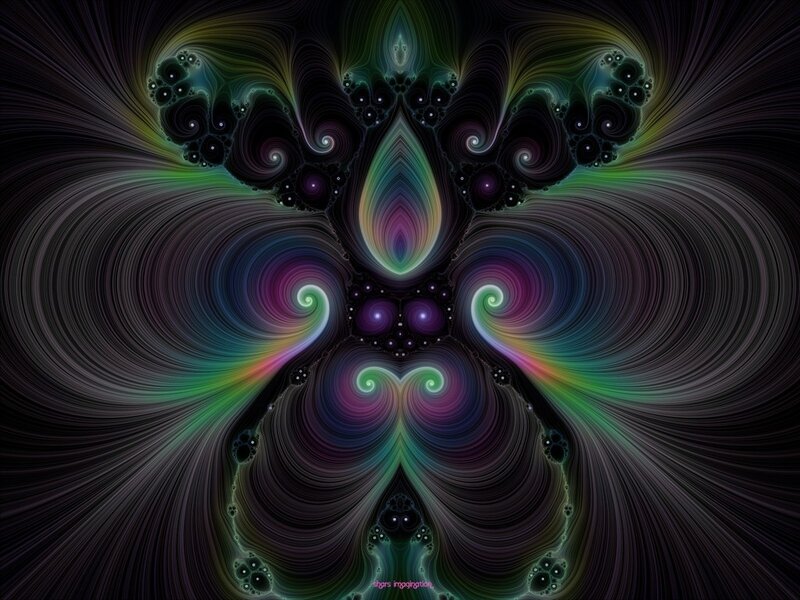 Symmetrical Fractal Pattern — Purple, Hypnotic, Digital Art, Spirals, Color Gradients, Light Effects