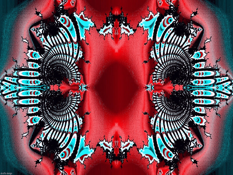 Symmetrical Fractal Pattern — Red, Hypnotic, Digital Art, Spirals, Blue