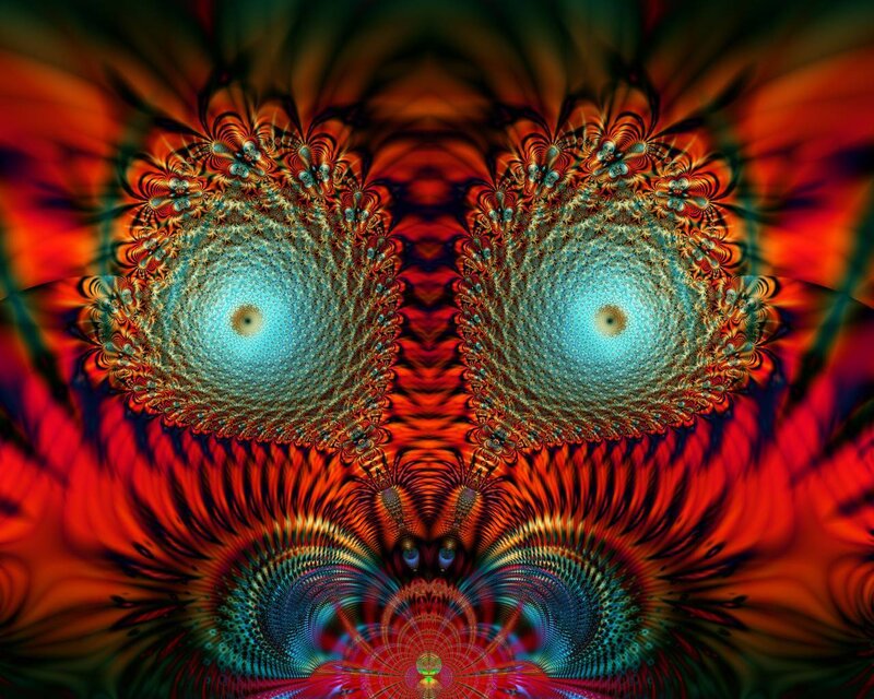 Symmetrical Fractal Pattern — Red, Hypnotic, Digital Art, Spirals, Colorful