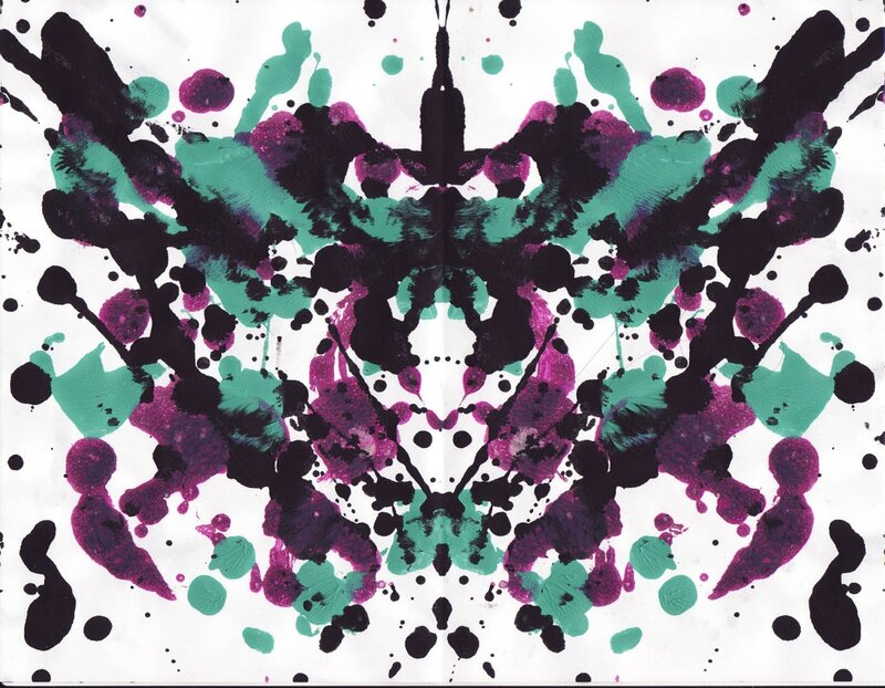 Symmetrical Inkblot Pattern — Black, Chaotic, Abstract, Ink Splatters, Purple, Green