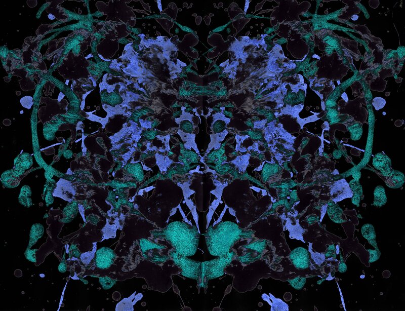 Symmetrical Inkblot Pattern — Blue, Mysterious, Abstract