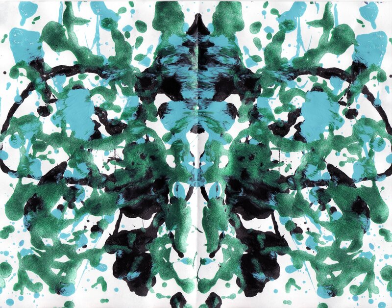 Symmetrical Inkblot Pattern — Green, Chaotic, Abstract, Ink Splatters, Mirror Symmetry