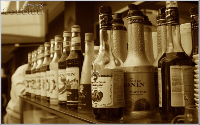 syrup bottles in a kitchen