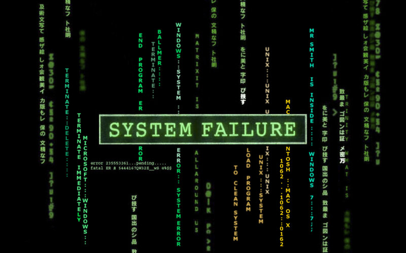 System Failure Screen — Black, Dramatic, Digital Art, Code, Text, Matrix Green