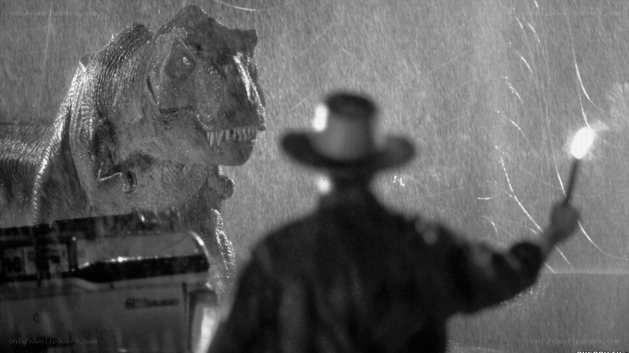 T-Rex confronts man in rain