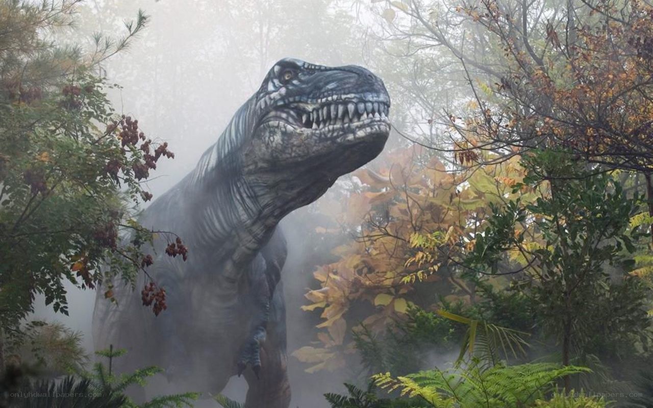 T-Rex in misty forest