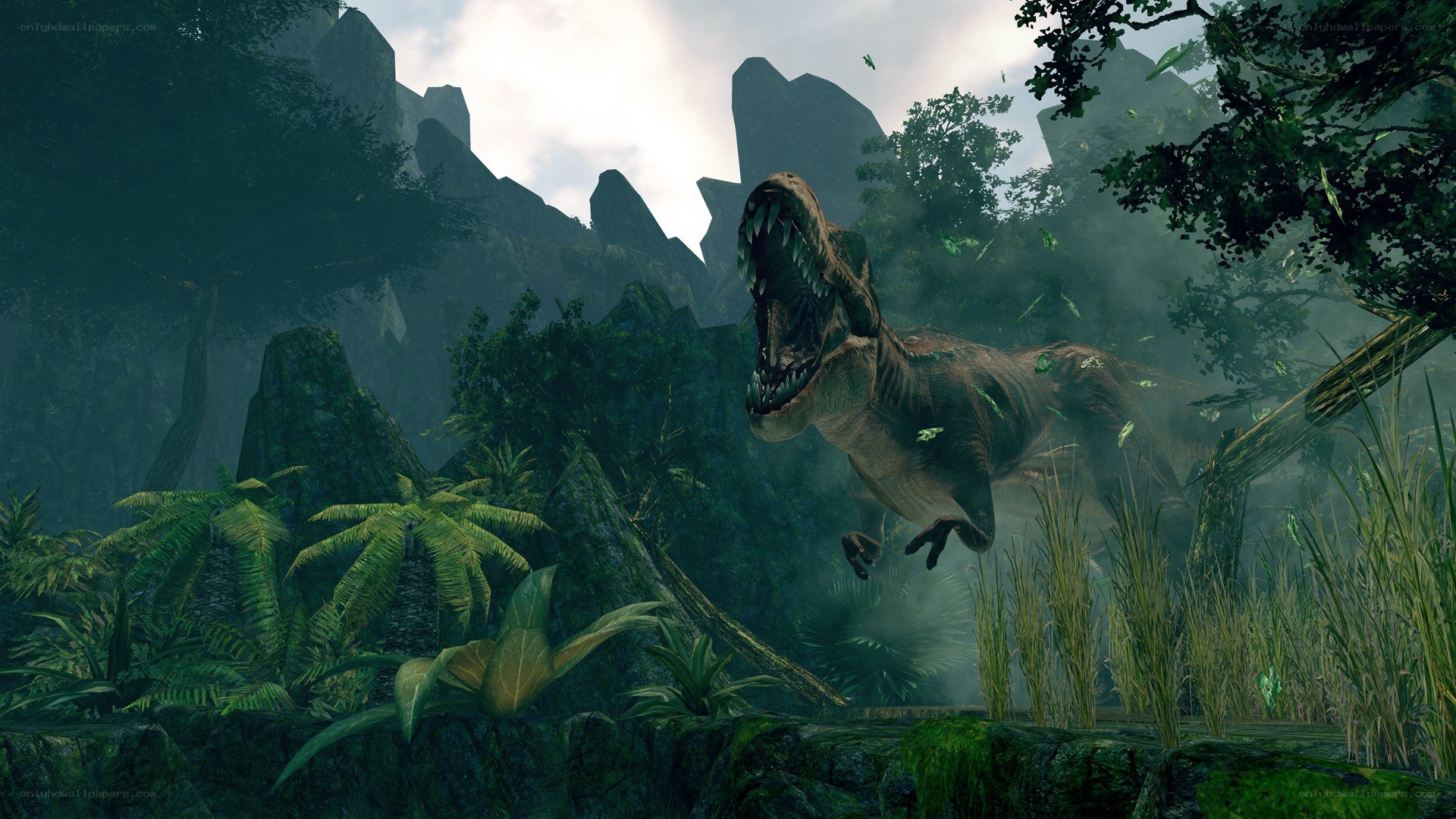 T-Rex roaring in jungle