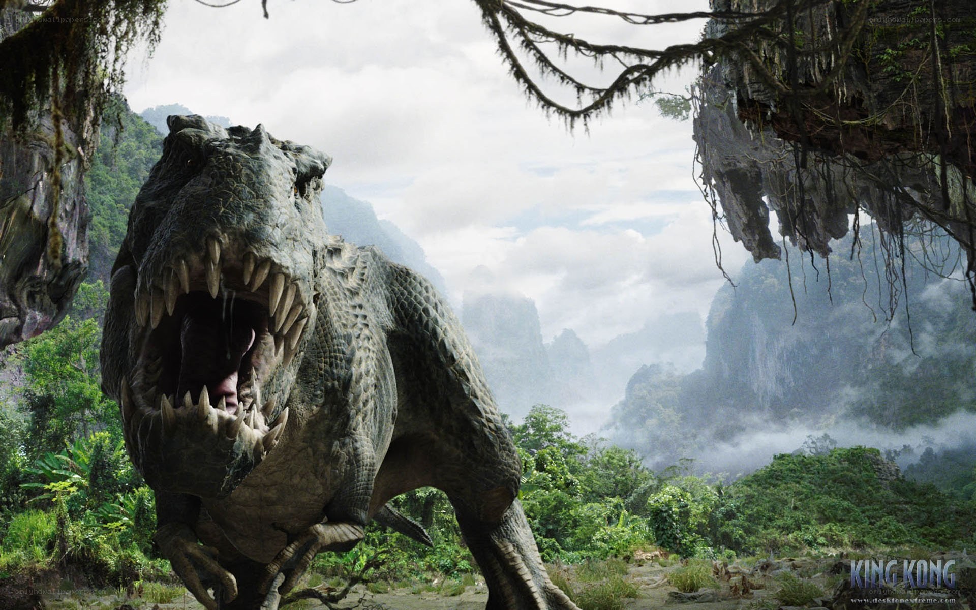 T-Rex roaring in jungle