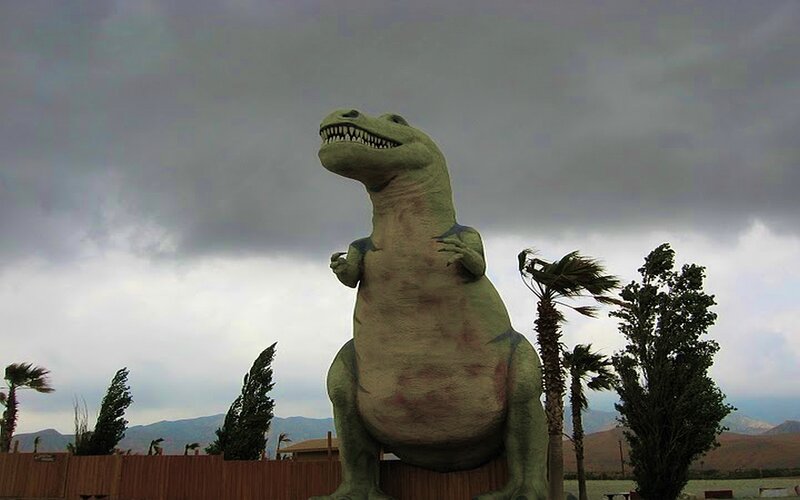 T-Rex statue in windy weather