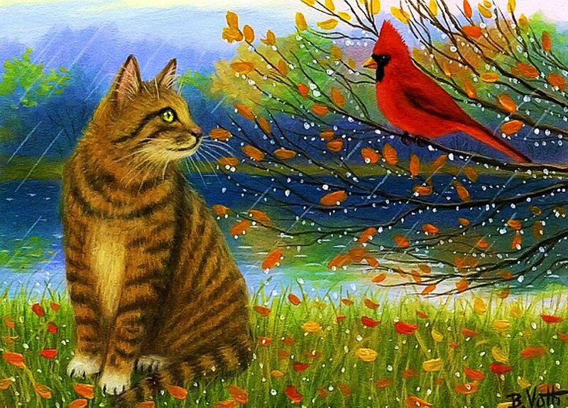 Tabby Cat and Cardinal