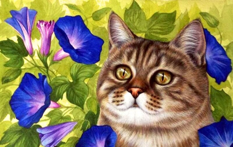 Tabby Cat in Flowers — Blue, Calm