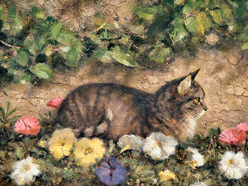 Tabby Cat in Flowers — Brown