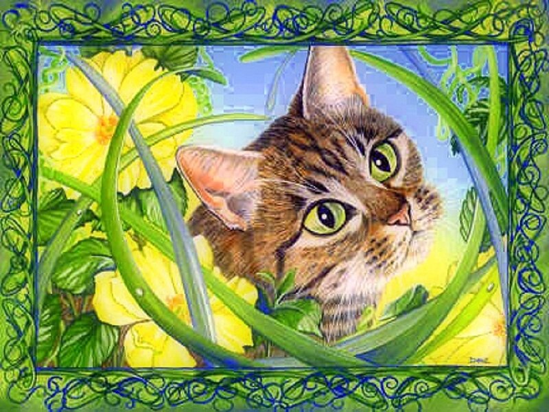 Tabby Cat in Flowers — Green, Serene, Spring, Illustration