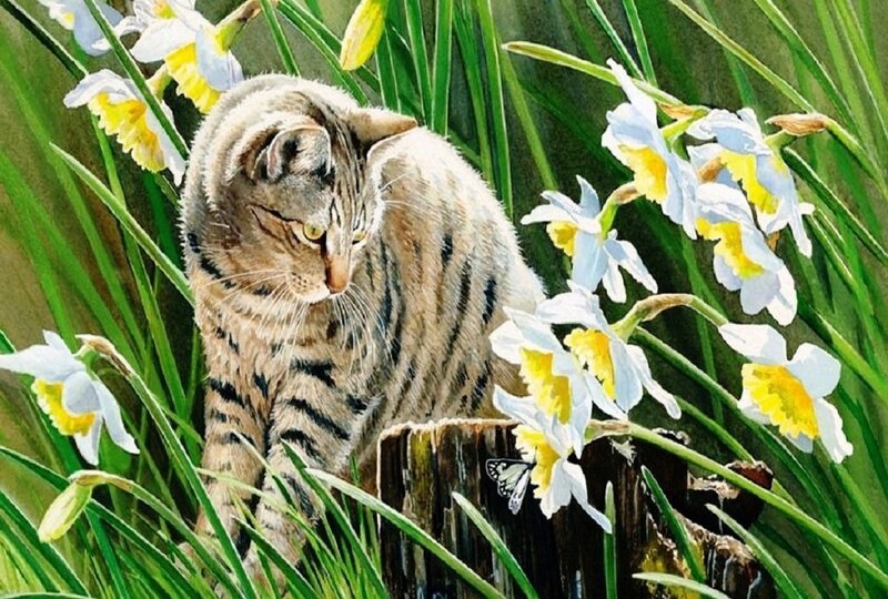 Tabby Cat in Flowers — Green, Serene, Spring, Painting, Daffodils, Butterfly