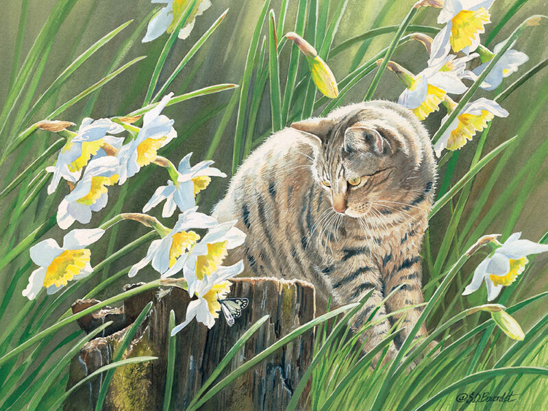 Tabby Cat in Flowers — Green, Serene, Spring, Painting