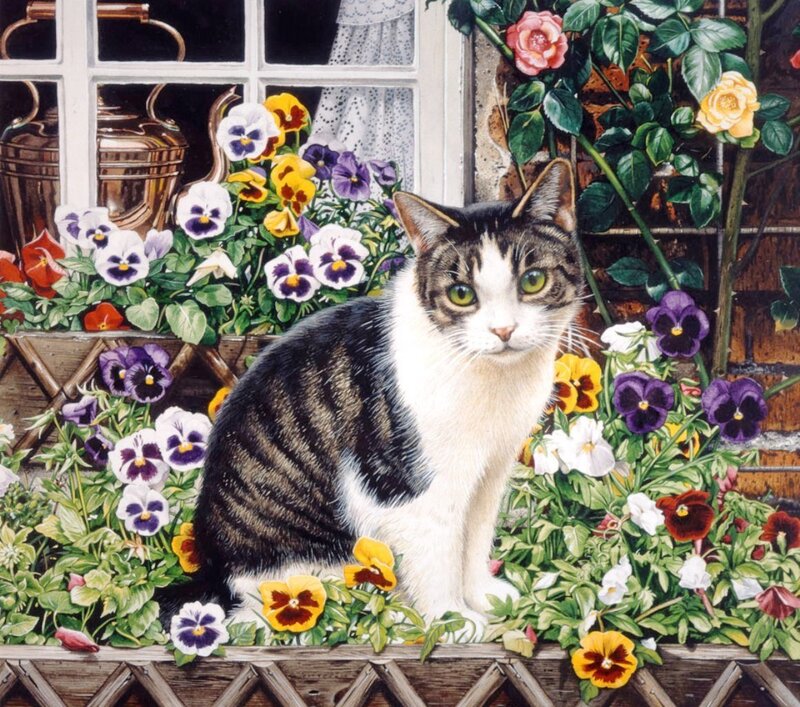 Tabby Cat in Flowers — Green, Serene, Spring, Painting, Window