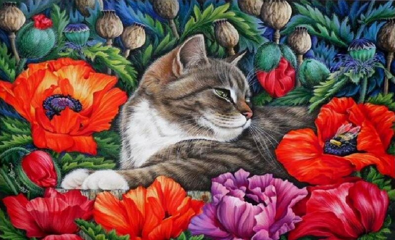 Tabby Cat in Flowers — Red, Serene, Illustration