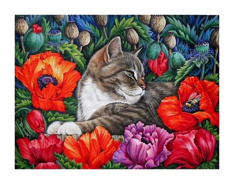 Tabby Cat in Flowers — Red
