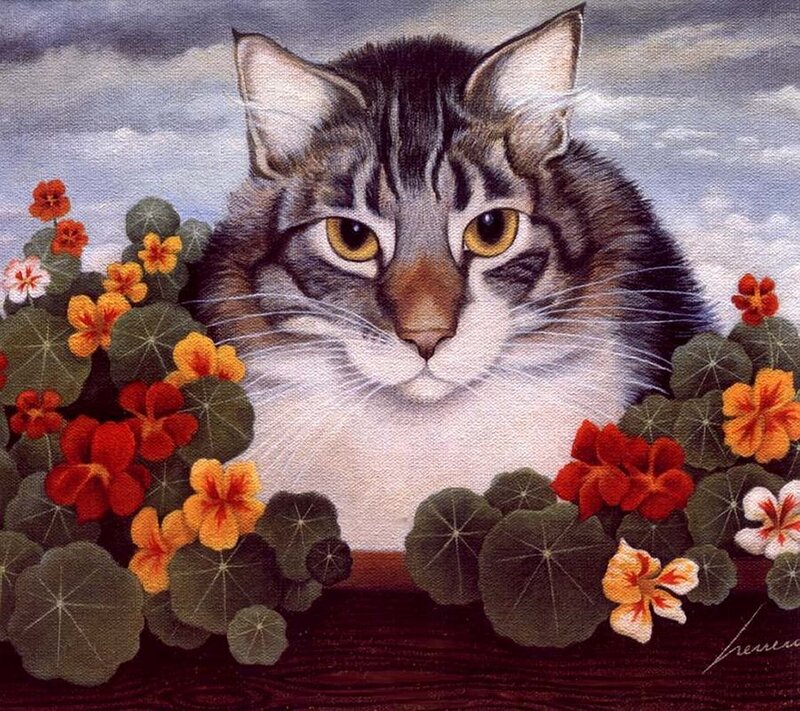 Tabby Cat in Flowers — White