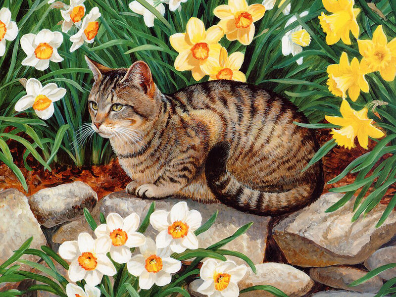 Tabby Cat in Flowers — Yellow, Serene