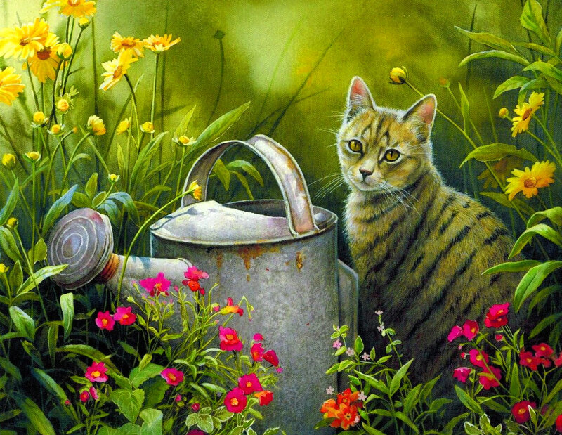 Tabby Cat in Garden — Green, Serene, Spring, Painting